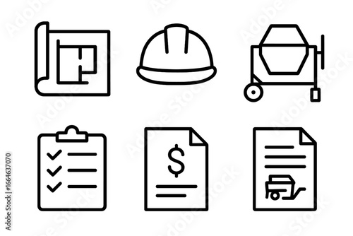 Construction and engineering line icon set. Vector symbols for building projects and architecture. Includes blueprint, safety helmet, concrete mixer, checklist, cost invoice, contract.