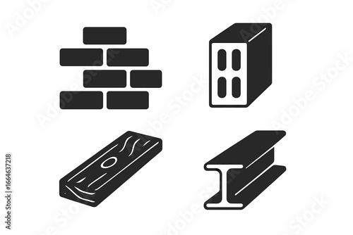 Construction material icon set. Solid glyph vector illustration of building supplies. Includes brick wall, concrete block, wood plank, and steel I-beam girder symbols.