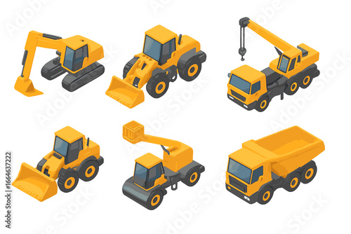 Construction vehicles isometric 3D icon set. Heavy machinery and building equipment collection. Vector illustration of excavator, loader, crane, dump truck, bulldozer symbols.