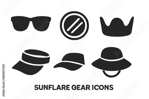 Sun protection gear solid icon set. Summer accessories and camera equipment for sun flare. Sunglasses, camera filter, lens hood, visor, and sun hat vector pictogram collection.