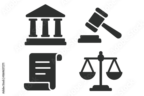 Supreme Court landmark rulings icon set. Justice and law symbols. Government building, judge gavel, legal scroll, scales of justice. Solid filled vector illustration design.