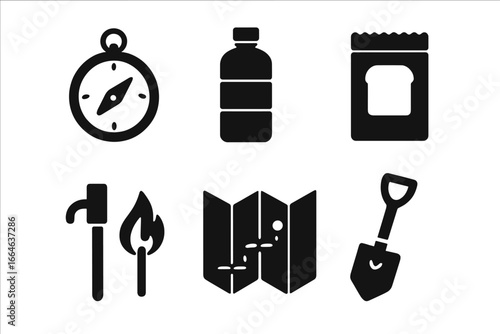 Survival icon set for emergency preparedness, camping, and hiking. Outdoor adventure gear collection. Includes compass, water bottle, ration pack, map, firestarter and shovel.
