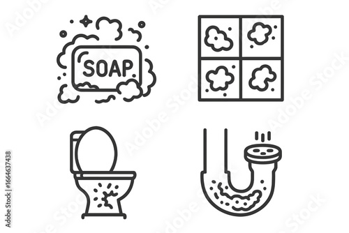 Dirty bathroom line icon set. Vector illustration of unhygienic restroom problems. Soap scum, moldy tile, stained toilet bowl, clogged drain. Hygiene, cleaning service concept.