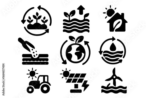Sustainable agriculture solid icon set. Eco friendly farming, crop rotation, and soil health symbols. Vector illustration of green energy cycle and conservation for ecology.