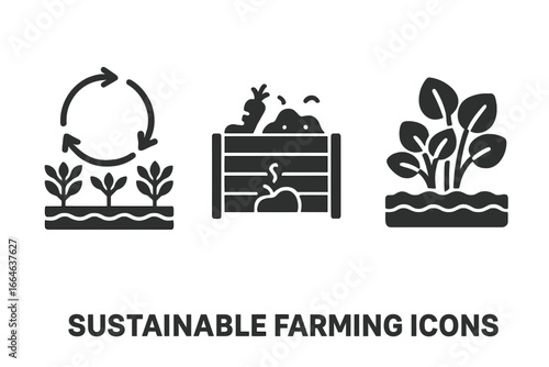 Sustainable farming solid icon set. Eco agriculture and organic production symbols. Crop rotation, compost bin, cover crops, permaculture, water conservation vector pictograms.