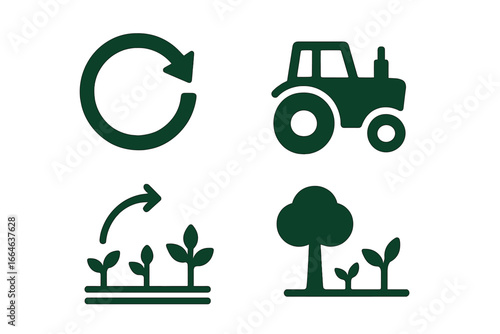 Sustainable farming solid filled icon set. Eco friendly agriculture and smart farm symbols. Green tractor, crop rotation, agroforestry and land management vector icons.