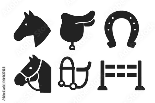 Equestrian sports solid glyph icon set. Horse riding equipment collection. Vector symbols of horse head silhouette, saddle, horseshoe, bridle, and show jumping obstacle.