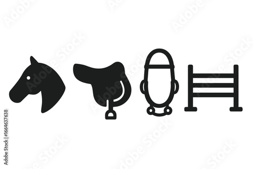 Equestrian sport solid glyph icon set. Horse riding equipment symbols. Vector collection with horse head silhouette, English saddle, bridle, and show jumping obstacle for competition.