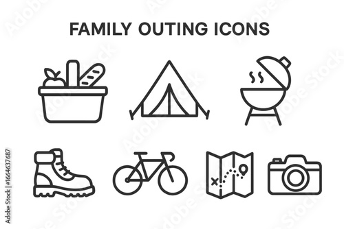 Family outing icon set. Outdoor activities, recreation, and travel concepts. Vector line symbols for picnic, camping, barbecue, hiking, cycling, adventure map, and camera.