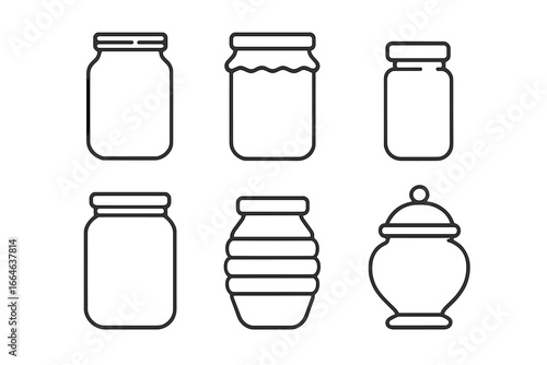 Glass Jar Icon Set. Outline line art collection of various containers like mason, jam, honey, spice, and candy jars. For food preservation, canning, kitchen storage concepts.
