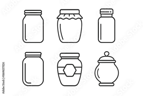 Glass Jar icon set. Outline vector illustrations of various containers like mason, jam, honey, spice, pickle, and candy jars for canning, preserving, and food storage.