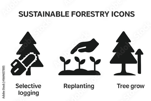 Sustainable forestry practices icon set. Solid glyph icons for selective logging, replanting, and tree growth. Vector illustration for ecology, conservation, and timber industry.