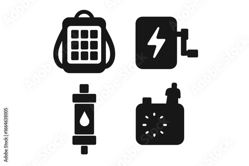 Sustainable technology icon set. Solid filled glyph icons of eco-friendly gadgets. Solar panel bag, kinetic charger, water purifier straw for survival and outdoor. Green energy vector.