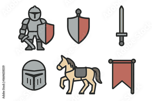 Knightly defense icon set. Medieval vector elements. Armored knight with sword and shield, helmet, cavalry horse, and banner. Middle ages fantasy heraldry concept.