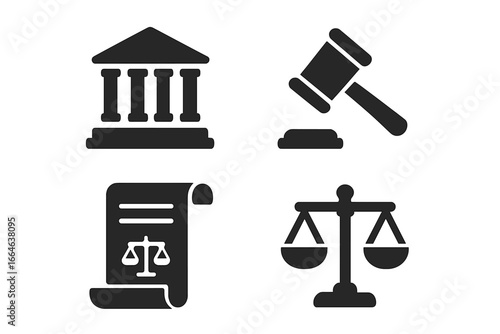 Law and justice solid glyph icon set. Legal symbols including courthouse, judge gavel, scales of justice, and legislation scroll. Governmental or supreme court concepts vector.