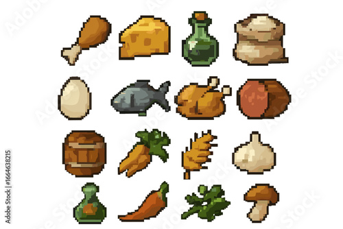 Pixel art food icon set for medieval RPG game. Retro 8 bit sprites of cooking ingredients like meat, fish, cheese, potion, vegetables. Vector gaming assets for fantasy menu.