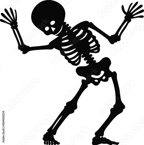 Dancing skeleton silhouette with funny pose spooky Halloween vector illustration haunted humorous skeleton design, Spooky dancing skeleton silhouette, Haunted skeleton funny pose illustration