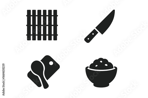 Sushi making tools solid glyph icon set. Japanese food preparation equipment. Vector collection with bamboo mat, sharp knife, rice paddle, cutting board and rice bowl symbols.