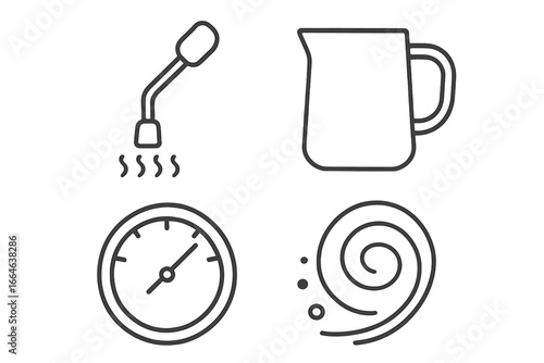 Milk frothing and steaming outline icon set. Barista tools for coffee making. Includes steam wand, pitcher, thermometer gauge, and foam texture. Vector for latte art.