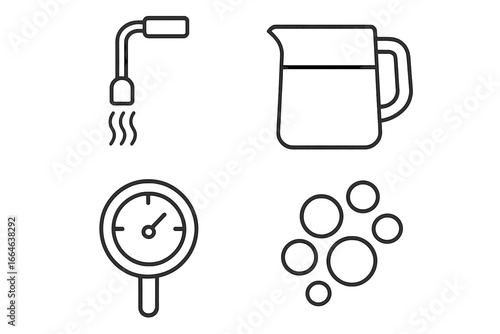 Milk frothing and steaming outline icon set for coffee preparation. Includes steam wand, pitcher, thermometer, and foam texture. Vector symbols for barista or cafe menu design.