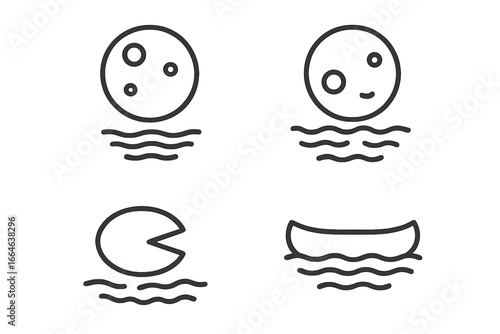 Moonlit lake icon set with outline symbols. Full moon reflection on water surface, rippling waves, lily pad, canoe. Minimalist vector graphics for nature, night, tranquility.