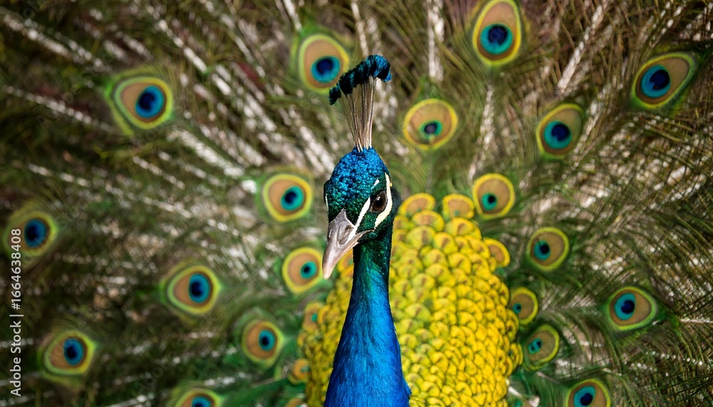 Obraz premium Close-up of a peacock, showcasing vibrant plumage and intricate details.