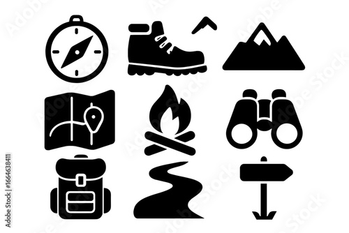 Outdoor adventure and camping solid glyph icons set. Flat style symbols for travel, exploration, and hiking. Includes compass, boots, mountain, map, campfire, and backpack.