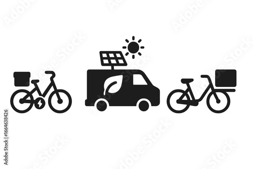 Sustainable delivery icon set. Eco-friendly transport vector symbols. Green logistics concept. Electric bike, solar-powered van, and cargo bicycle for future shipping.