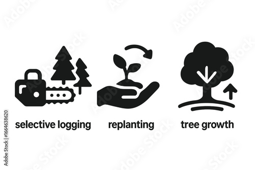 Sustainable forestry vector icon set. Selective logging, replanting, tree growth concepts. Environment protection, conservation, ecology symbols for responsible lumber industry.