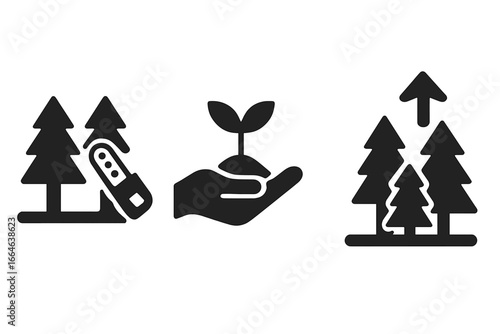 Sustainable forestry solid icon set. Vector symbols of responsible logging, replanting seedling, tree growth. Conservation, reforestation, ecology, environment illustration.