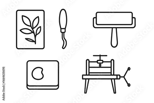 Printmaking tools outline icon set for art and craft. Vector illustration of linocut equipment: lino block, carving tool, brayer roller, ink slab, and printing press.