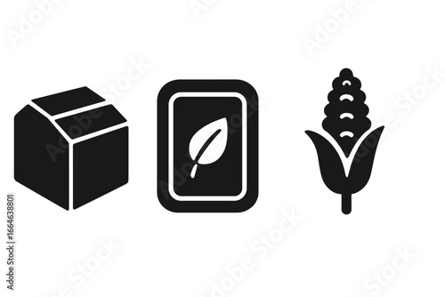 Sustainable packaging icons. Eco friendly, biodegradable & plastic-free materials concept. Solid glyphs of a paper box, compostable food tray, cornstarch bioplastic container.