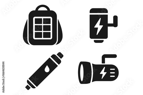 Sustainable technology solid glyph icon set. Outdoor survival gear vector collection. Solar panel backpack, kinetic dynamo charger, water filter straw, hand crank flashlight.