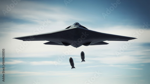B-2 Spirit stealth bomber dropping bombs during a high altitude mission, demonstrating advanced military technology and modern aerial warfare capabilities.