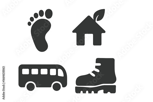 Sustainable tourism icon set. Solid glyph icons for eco-friendly travel concepts. Vector symbols of footprint, eco-lodge, public transport bus, and hiking boot for green travel.
