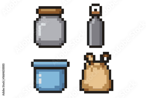 Pixel art reusable containers icon set. 8-bit gaming style graphics. Eco friendly, zero waste concept with glass jar, steel bottle, food container, and cloth bag vector.