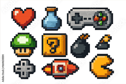 Retro gaming pixel art icon set. 8-bit video game assets. Classic arcade elements like heart, controller, mushroom, bomb, potion. Nostalgic gamer sprites collection vector.