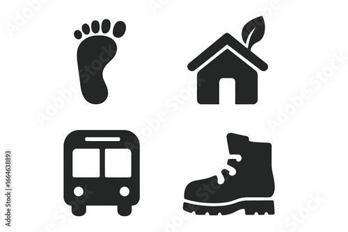 Sustainable tourism and eco-friendly travel icon set. Solid glyph icons for green vacation concepts. Vector symbols of footprint, eco lodge, public transport and hiking boot.