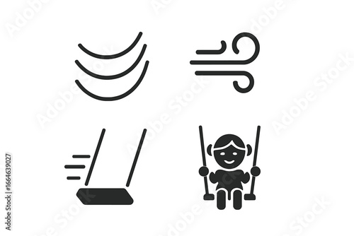 Swing motion solid icon set. Happy child on a playground swing, swinging arcs, and wind gust symbols. Vector pictograms for movement, air flow, and fun concepts.