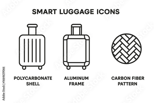 Smart luggage icon set showing different materials. Vector outline illustration of polycarbonate shell, aluminum frame, and carbon fiber pattern for modern travel bags.