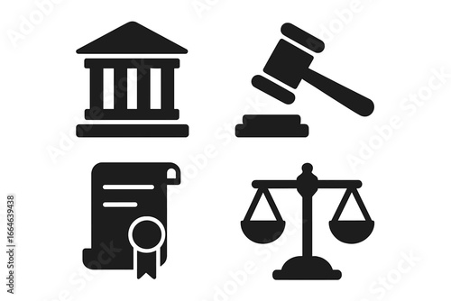Law and justice solid glyph icon set. Courthouse, judge gavel, legal document, and scales of justice. Vector symbols for government, supreme court, legislation, and judgment.
