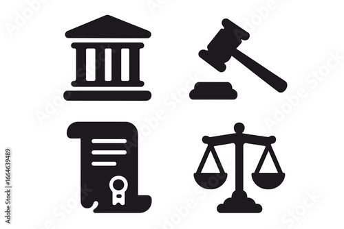 Law and justice solid glyph icon set. Vector symbols of courthouse, judge gavel, legal document, and scales. Government, legislation, court, crime, and auction concepts.