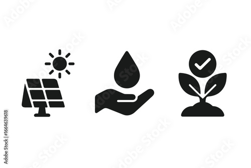 Sustainable icon set. Solid glyph icons of eco friendly practices. Solar panel for renewable green energy, water conservation drop, and organic farming plant vector symbol.