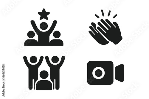 Talent show solid glyph icon set. Celebrity winner with star award, clapping hands, cheering audience, standing ovation, and video camera. Performance and contest concept.
