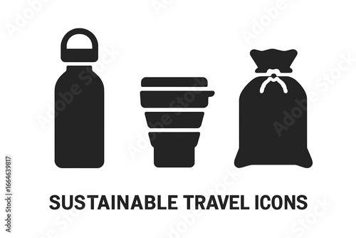 Sustainable travel icons set. Solid filled silhouette symbols of eco-friendly items: reusable metal water bottle, collapsible cup, fabric pouch. Zero waste concept vector.