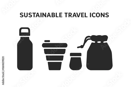 Sustainable travel icon set with zero waste items. Eco friendly and reusable metal water bottle, collapsible cup, container and fabric pouch for a green lifestyle.