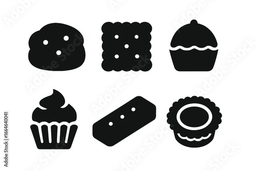 Tea and dessert solid icon set. Vector glyph collection of sweet bakery pastries for afternoon tea. Includes scone, biscuit, cupcake, muffin, shortbread, and jam tart.