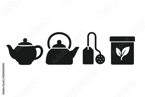 Tea brewing icons set. Solid glyph vector symbols of tea essentials like teapot, kettle, tea bag, infuser, and loose leaf tin. Beverage equipment for cafe menu design.