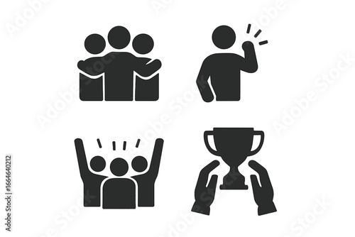 Solid filled vector icons of team celebration moments with group hug, cheering gesture, raised hands, and shared trophy illustration on transparent background