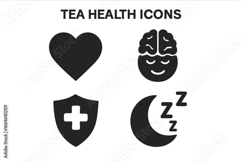 Tea health benefits vector icon set. Solid glyphs for cardiovascular health, calm mind, immune system support, and better sleep. Wellness, relaxation, stress relief concept.